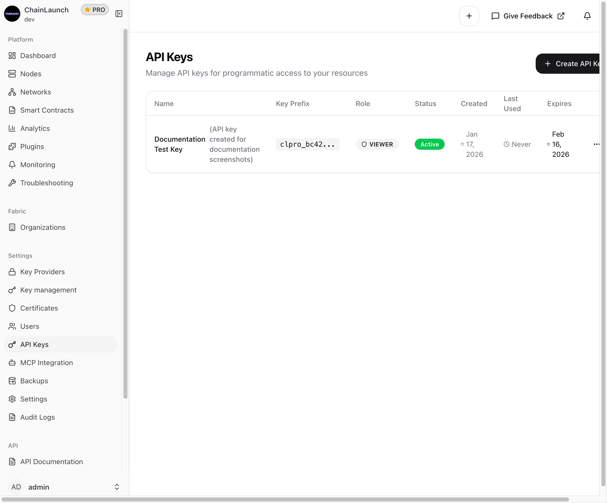 API Keys List with Keys